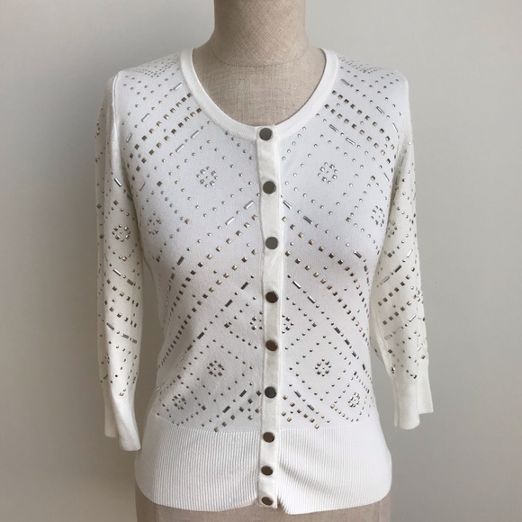 White House Black Market Sweaters - WHBM White Geo- Bead Cardigan